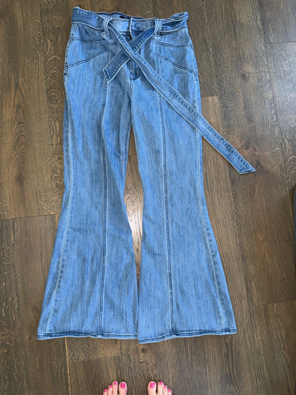 Express Light Blue Flare Jeans with Waist Tie Belt
